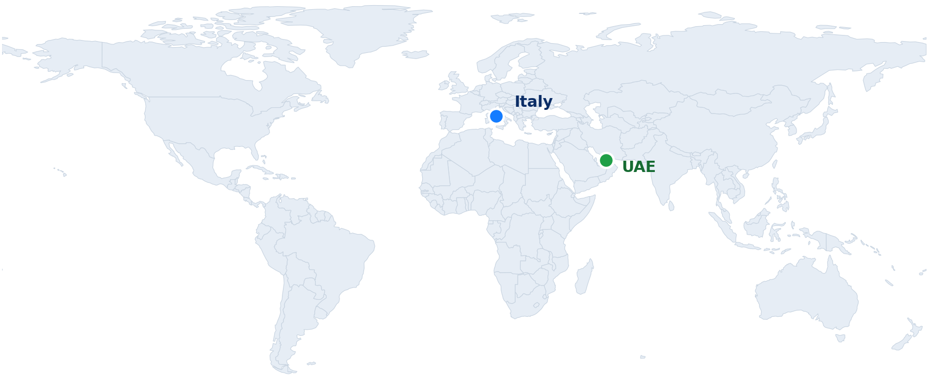 World map with a blue marker on Rome and a green marker on UAE